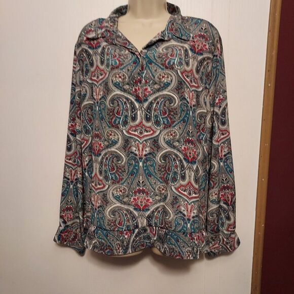 blouse XXL VGC  26 pit to pit 29 3/4 length tourquoise,red,black silver and whi - Picture 1 of 5